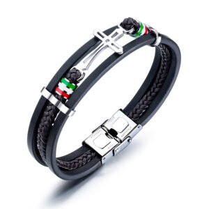 Bracelete Masculino em Couro Legítimo 'Paixão de Cristo'