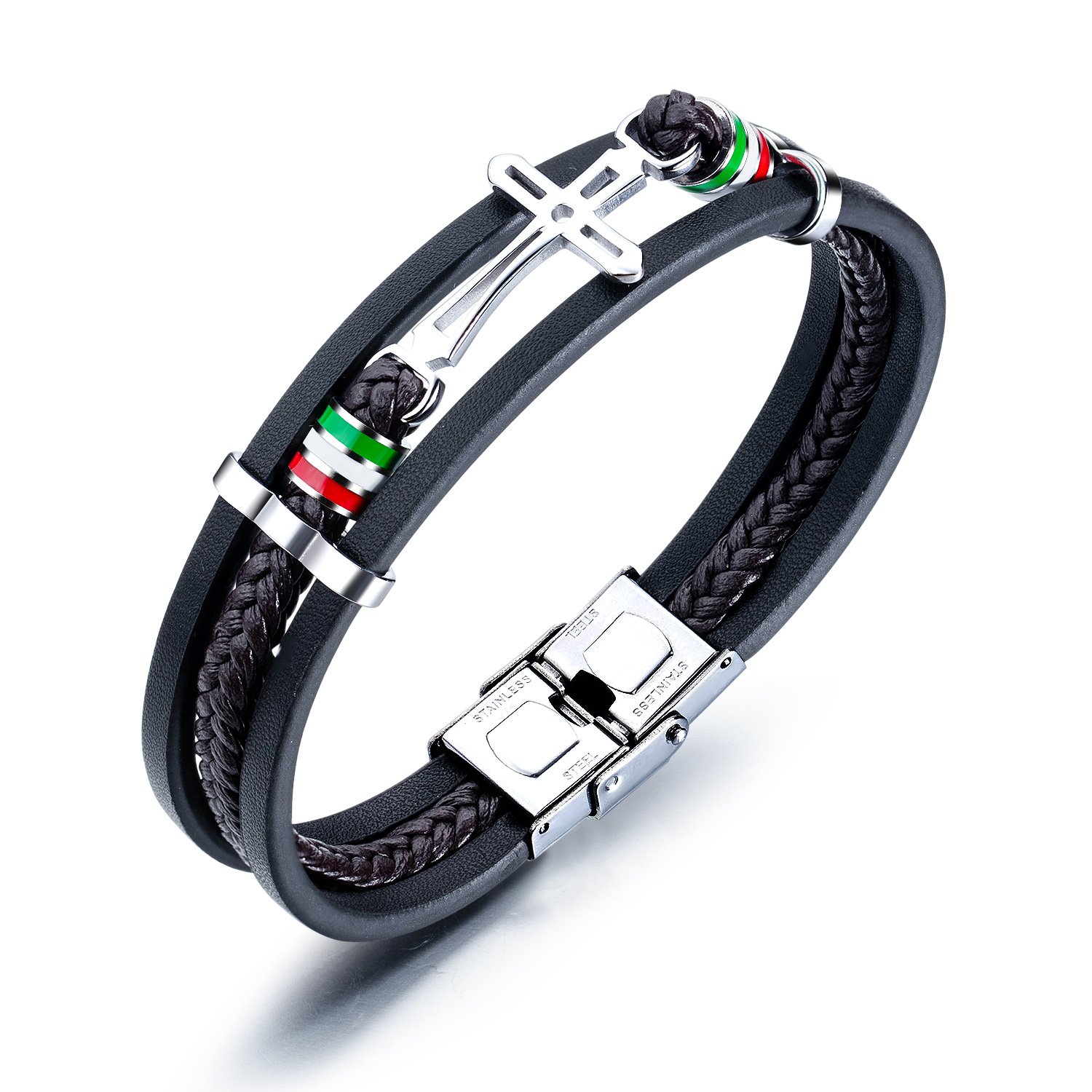 Bracelete Masculino em Couro Legítimo 'Paixão de Cristo'