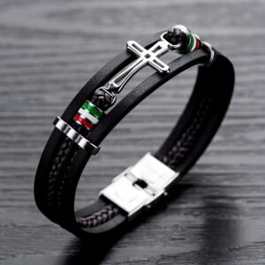 Bracelete Masculino em Couro Legítimo 'Paixão de Cristo'