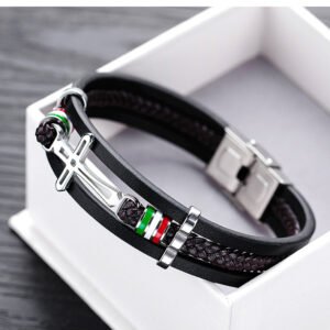 Bracelete Masculino em Couro Legítimo 'Paixão de Cristo'